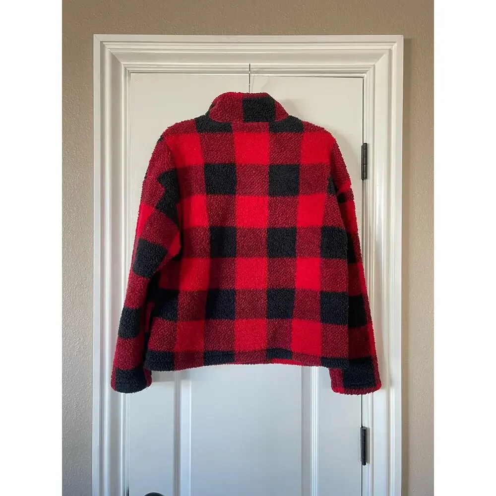 MEROKEETY Women's Plaid Sherpa Fleece Zip Pullover Jacket Medium - Picture 4 of 8